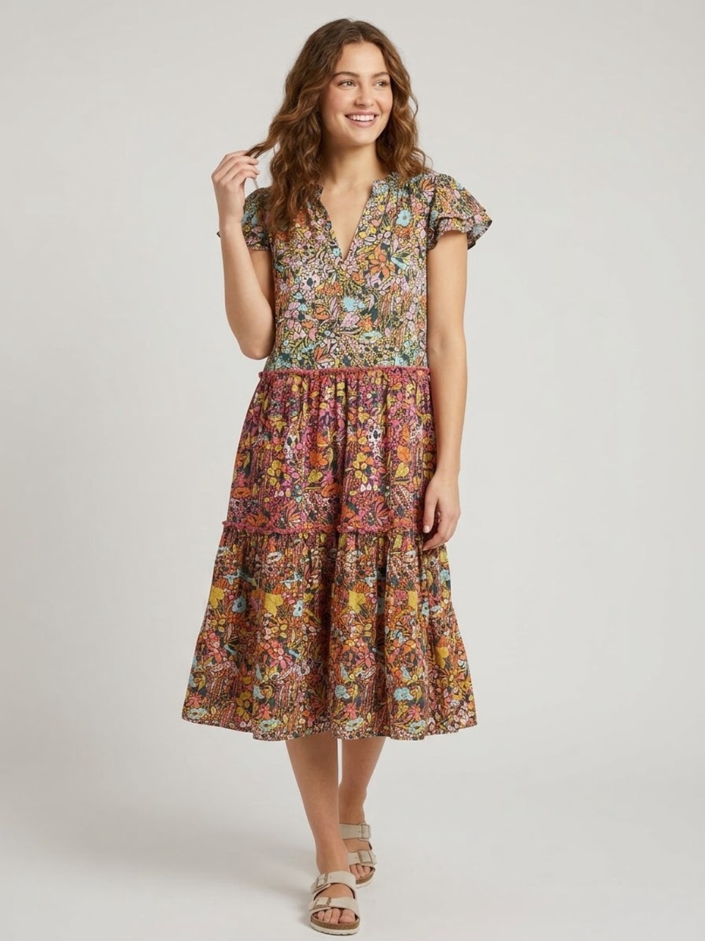 Anthropologie Tiered Ruffle Sleeve Mini Dress Floral Pink Combo Small